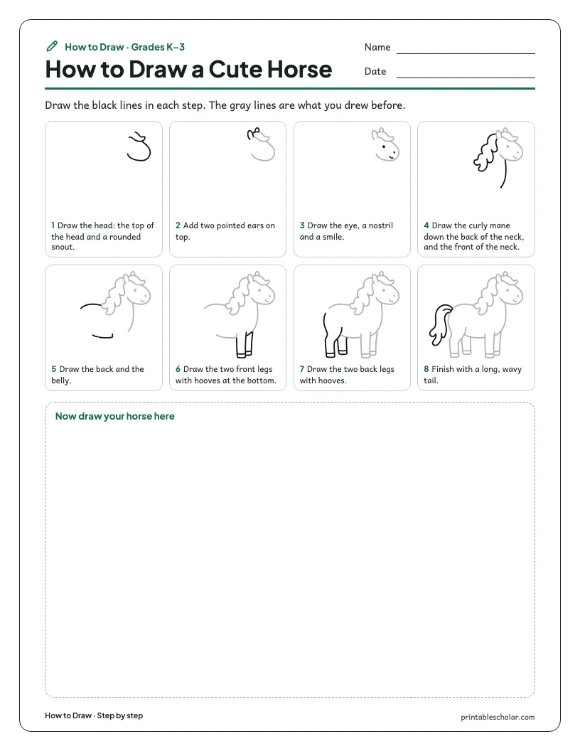 Cute horse: Step by Step worksheet preview