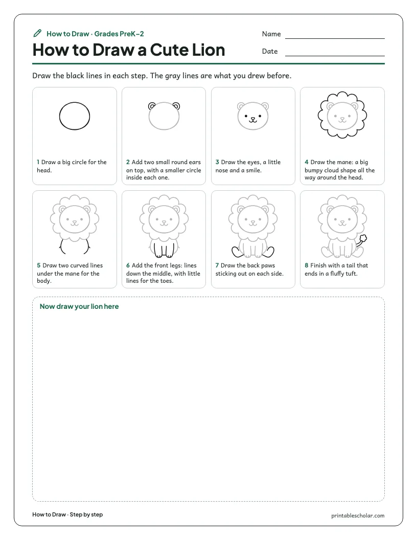 Cute lion: Step by Step worksheet preview