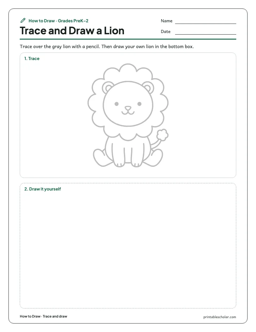 Cute lion: Trace and Draw worksheet preview