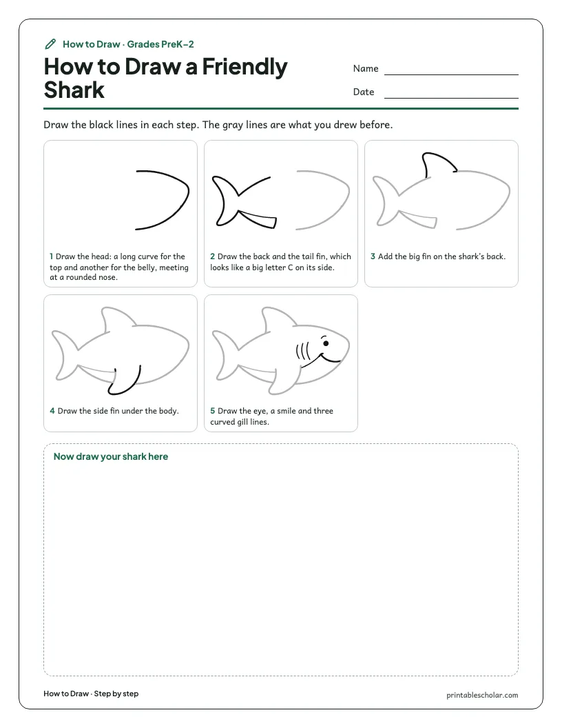 Friendly shark: Step by Step worksheet preview