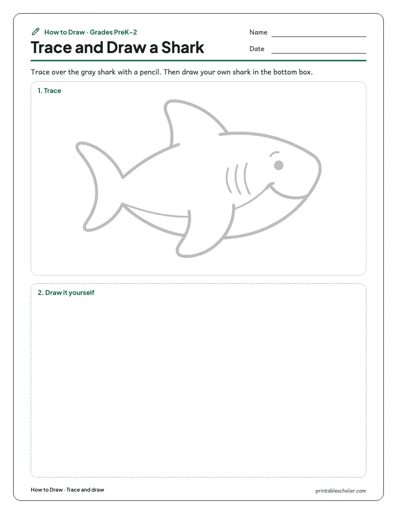 Friendly shark: Trace and Draw worksheet preview