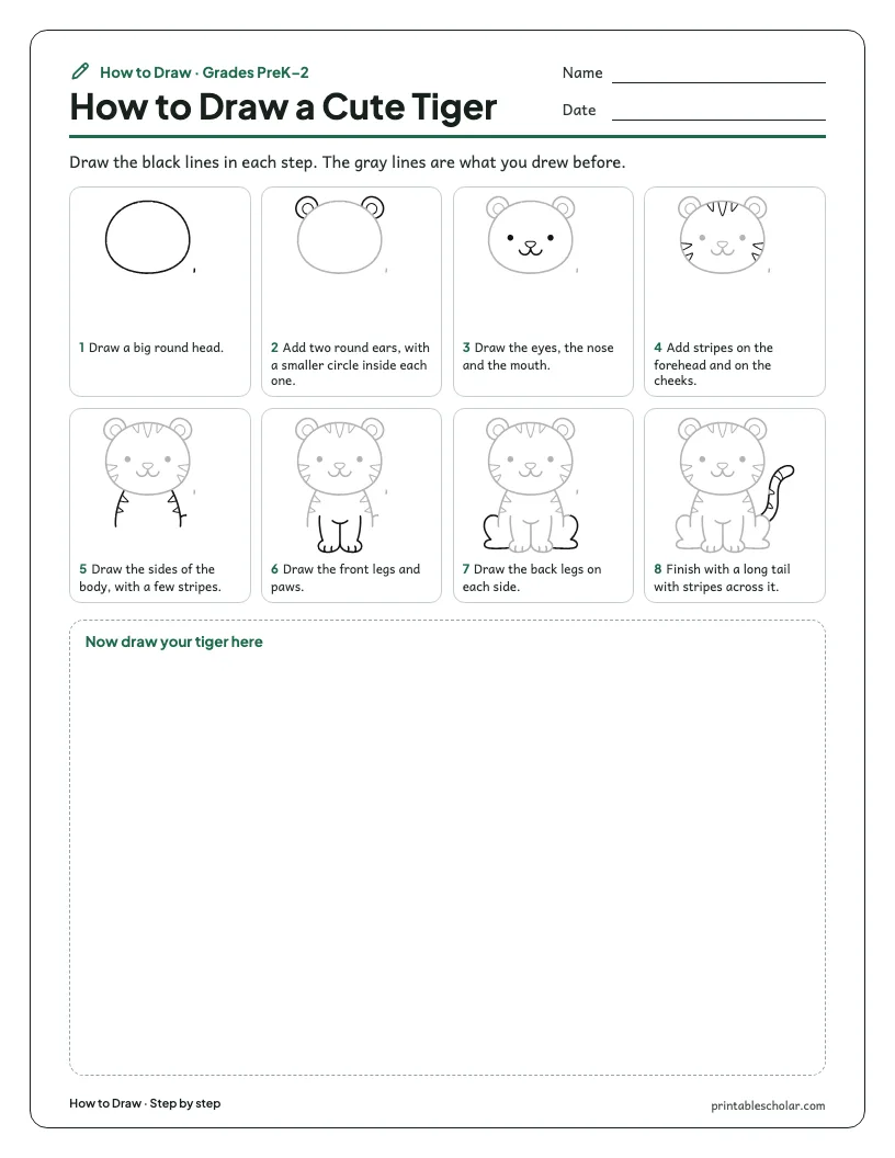 Cute tiger: Step by Step worksheet preview