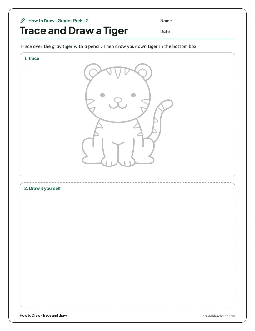 Cute tiger: Trace and Draw worksheet preview