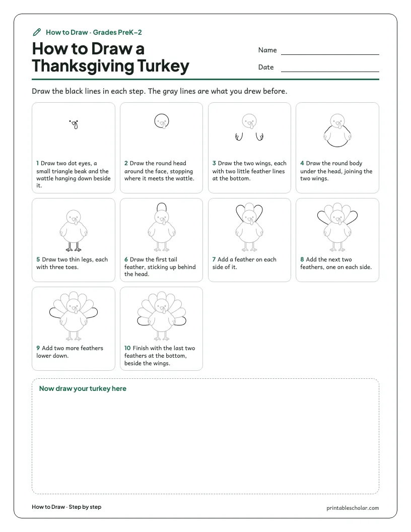Thanksgiving turkey: Step by Step worksheet preview