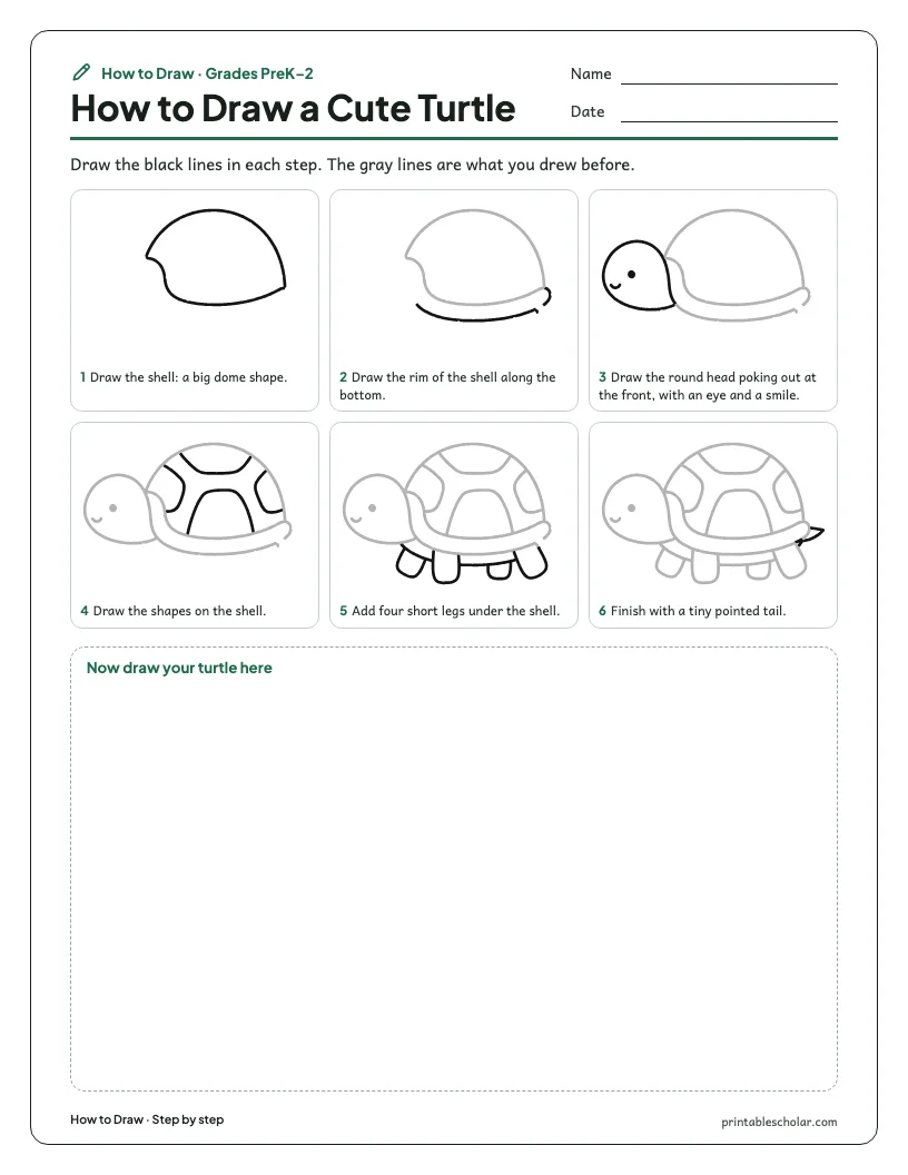 Cute turtle: Step by Step worksheet preview