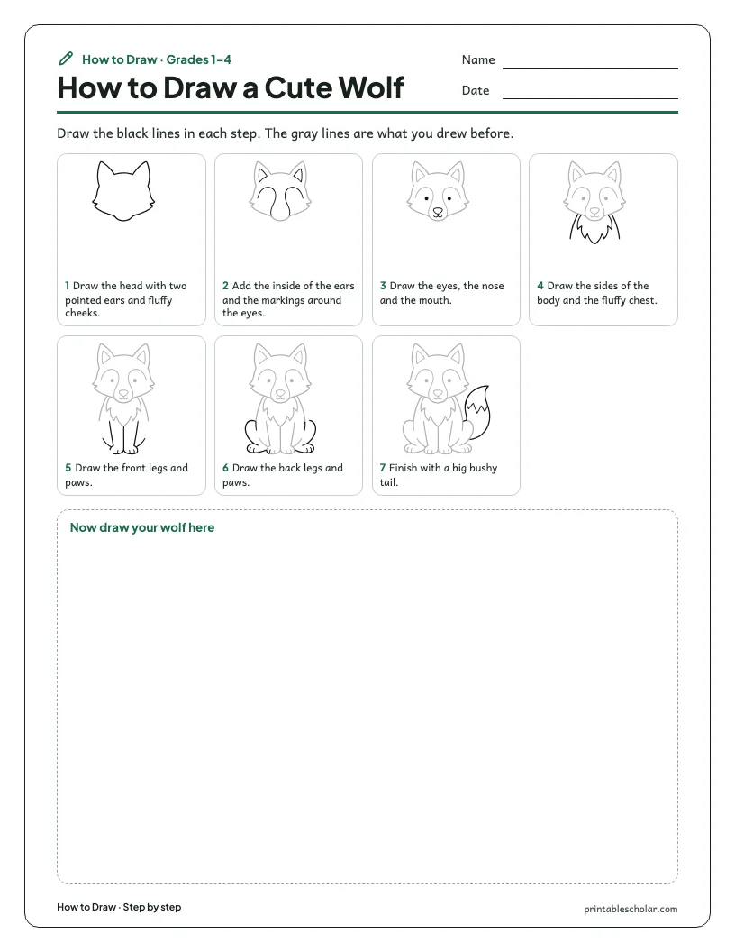 Cute wolf: Step by Step worksheet preview