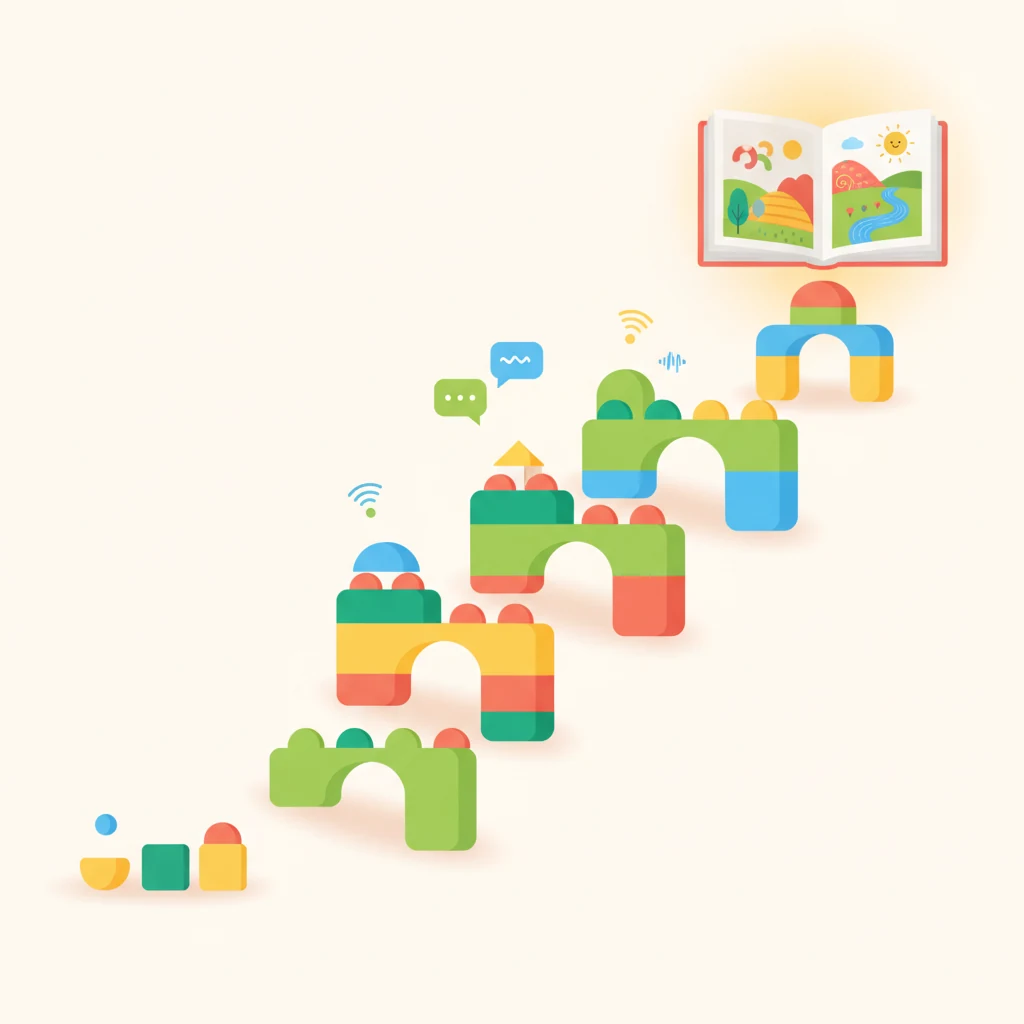 A staircase of colorful building blocks rising from simple shapes to an open picture book, illustrating the step-by-step progression of learning phonics