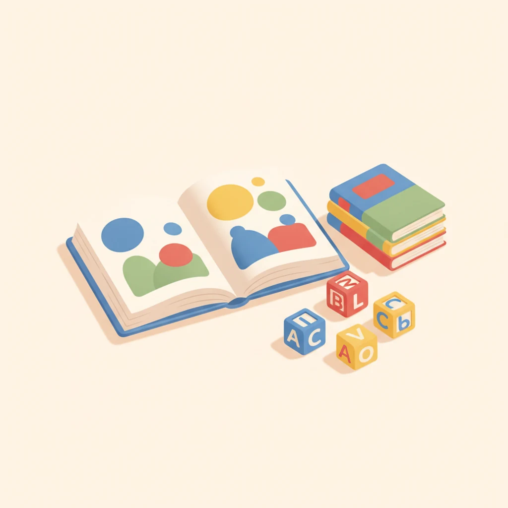 Illustration of an open picture book, a small stack of colorful books, and rounded alphabet letter blocks, representing early reading foundations