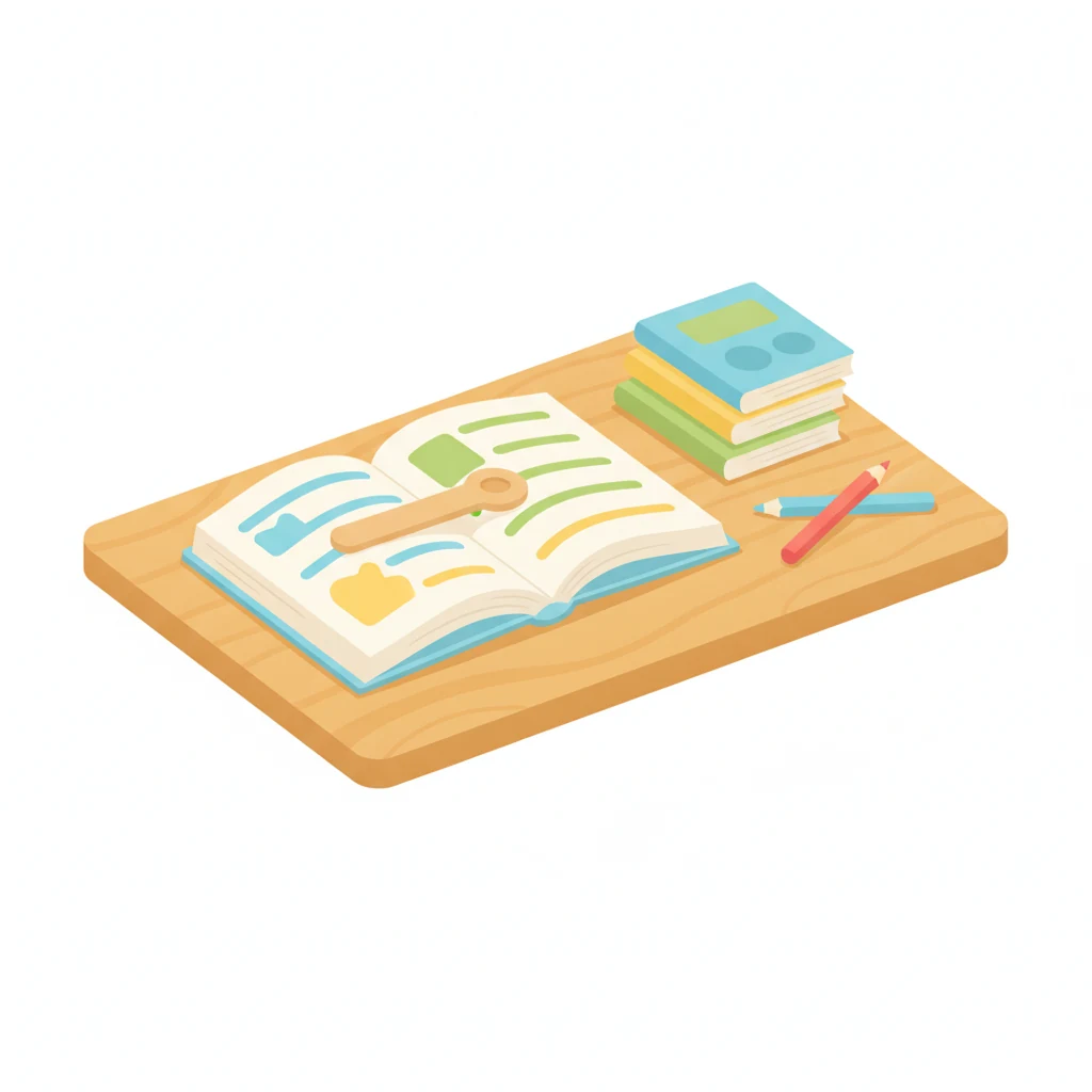 An open early-reader book with a wooden reading pointer resting on a line, beside a small ascending stack of leveled readers, illustrating reading practice at the right level