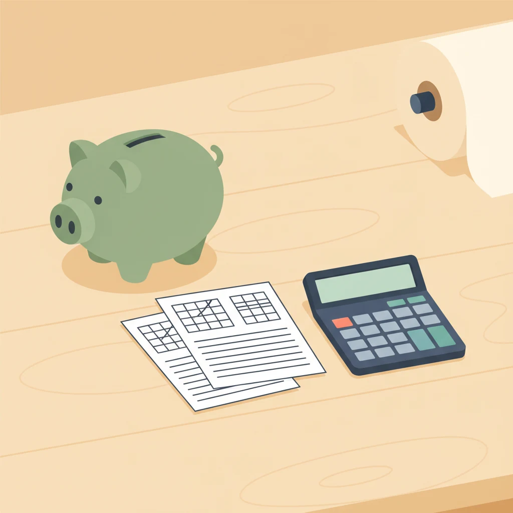 A sage-green piggy bank, a small stack of printable worksheets, and a calculator arranged on a warm wooden desk — visualizing the cost question for homeschool printables
