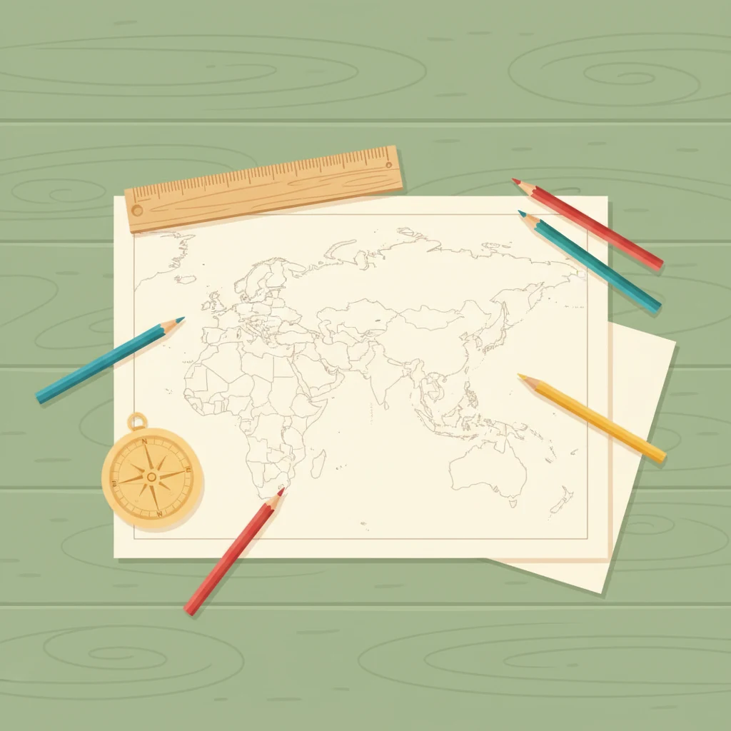 Overhead flat-lay of a blank printable map of Asia laid on a sage-green wooden desk with colored pencils, a wooden compass, and a ruler arranged around it