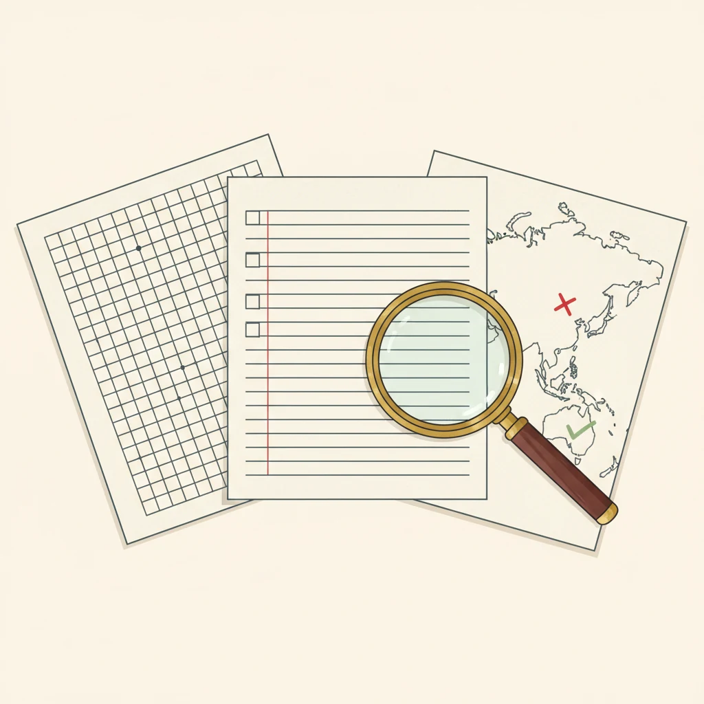 Three printable worksheets — a math grid, ruled paper with checkboxes, and a blank world map with quality marks — being inspected with a magnifying glass