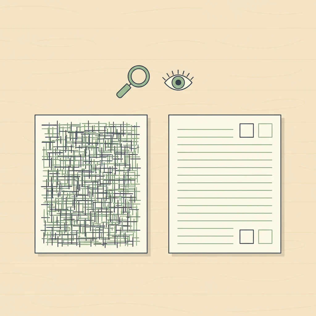 Two abstract worksheets side by side — a densely crosshatched, cluttered page on the left and a generously spaced ruled page with clear checkboxes on the right, with a small magnifying glass and eye icon above as evaluation symbols