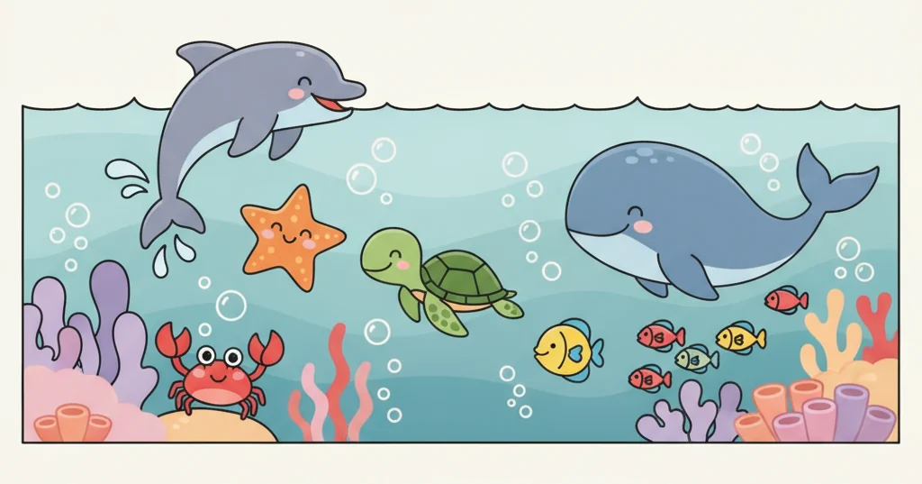 Cheerful cartoon ocean animals illustration