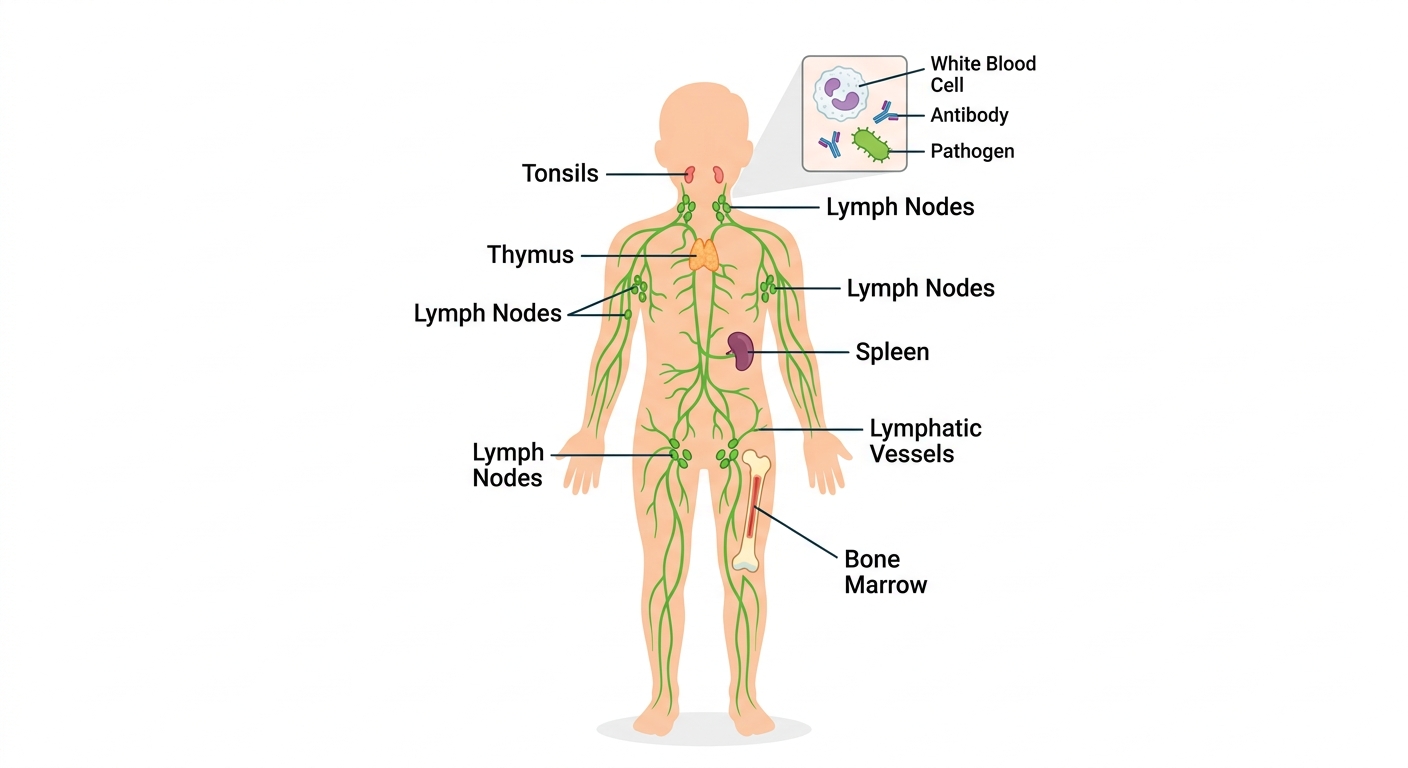 Labeled human immune system diagram showing tonsils, lymph nodes, thymus, spleen, lymphatic vessels, bone marrow, with inset of white blood cell, antibody, and pathogen