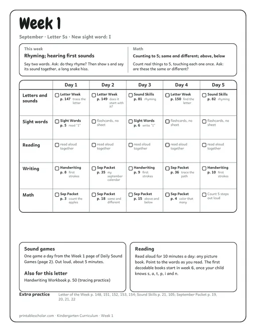 Week 1: the letter s, rhyming, counting to 5