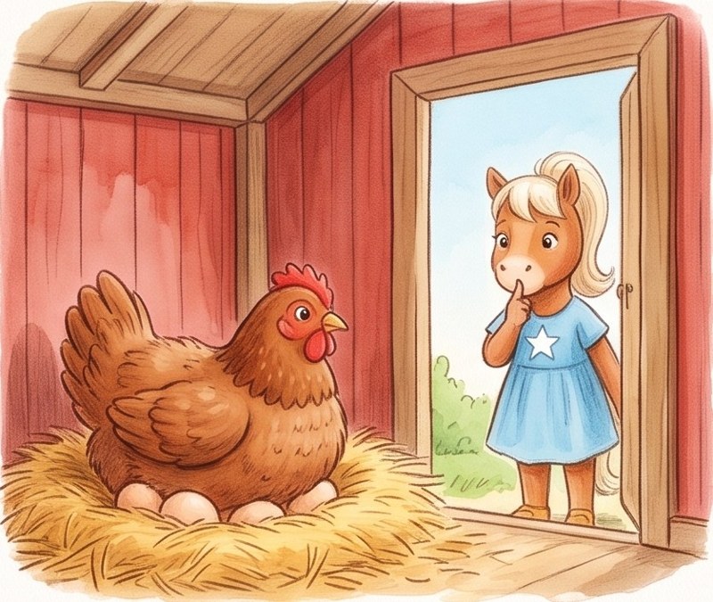 From Egg to Hen, page 2: The hen keeps them warm.
