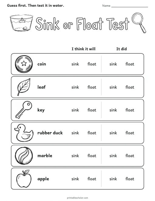 Sink or Float Test worksheet preview