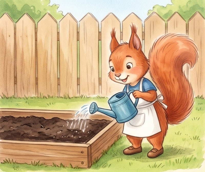 The Little Seed, page 2: She gives it water.