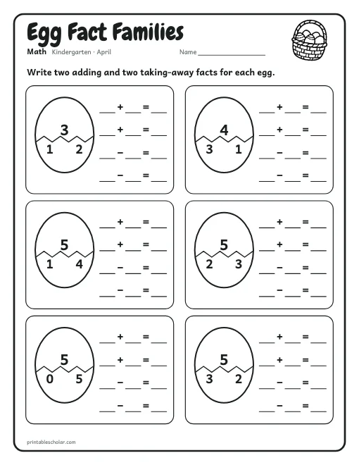 Egg Fact Families: kindergarten math worksheet preview