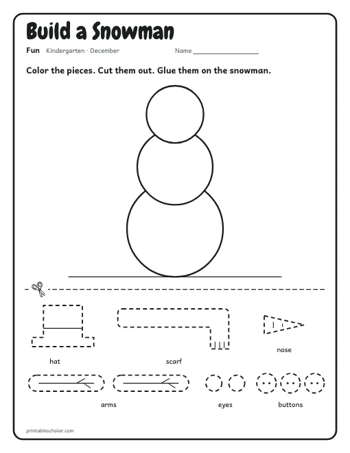 Build a Snowman: kindergarten worksheet preview