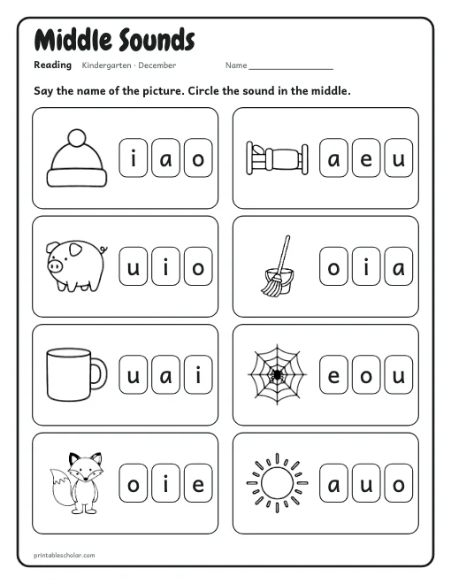 Middle Sounds: kindergarten reading worksheet preview