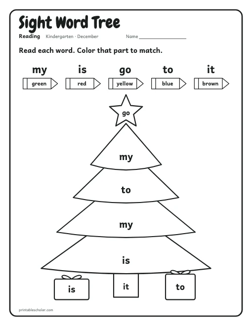 Sight Word Tree: kindergarten reading worksheet preview