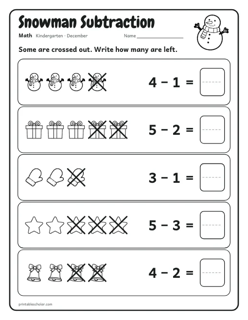 Snowman Subtraction: kindergarten math worksheet preview