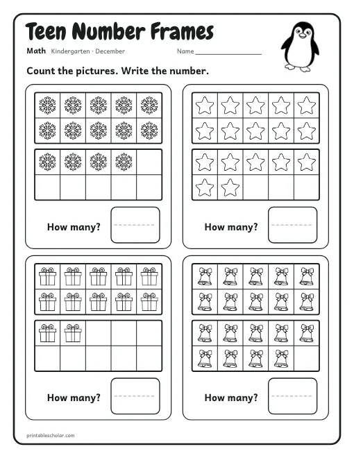 Teen Number Frames: kindergarten math worksheet preview