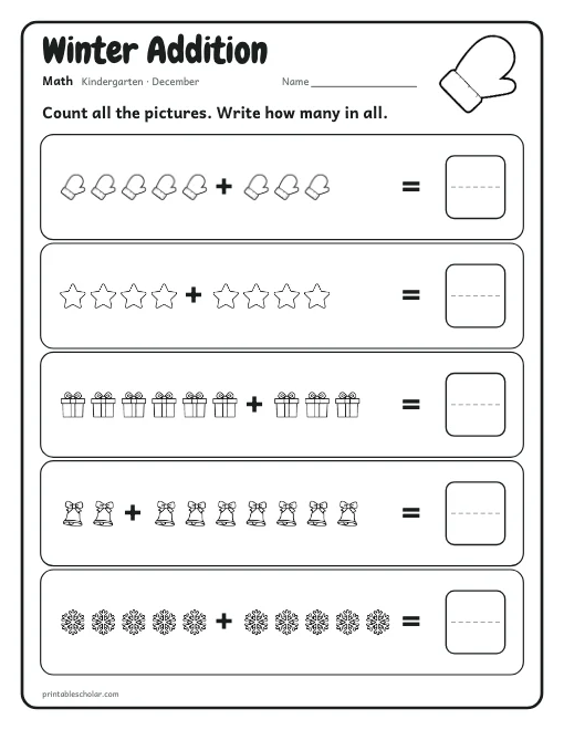 Winter Addition: kindergarten math worksheet preview