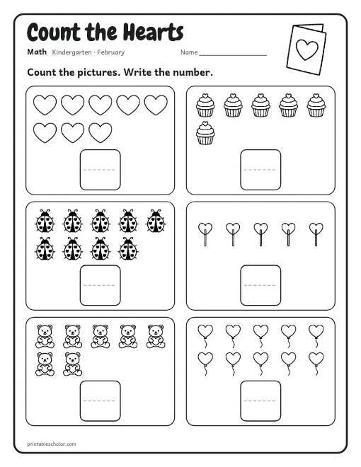 Count the Hearts: kindergarten math worksheet preview
