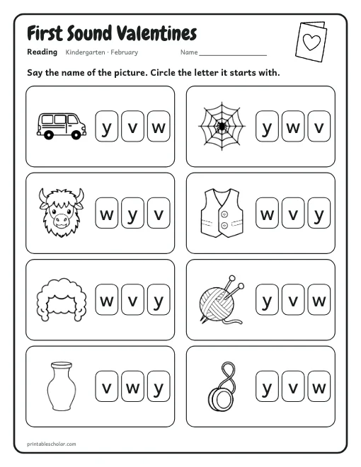 First Sound Valentines: kindergarten reading worksheet preview