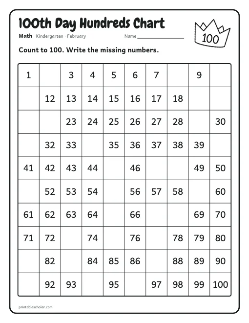 100th Day Hundreds Chart: kindergarten math worksheet preview