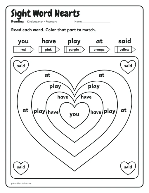 Sight Word Hearts: kindergarten reading worksheet preview