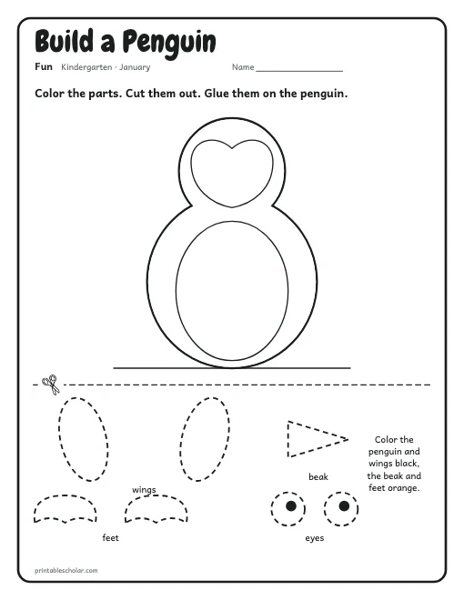 Build a Penguin: kindergarten worksheet preview
