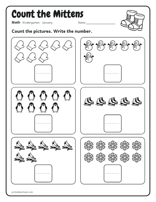 Count the Mittens: kindergarten math worksheet preview