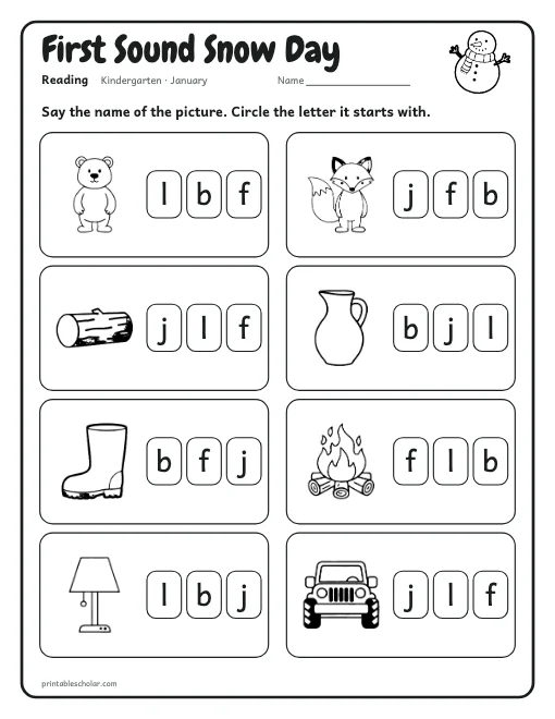 First Sound Snow Day: kindergarten reading worksheet preview