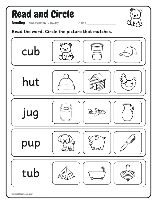 Read and Circle: kindergarten reading worksheet preview