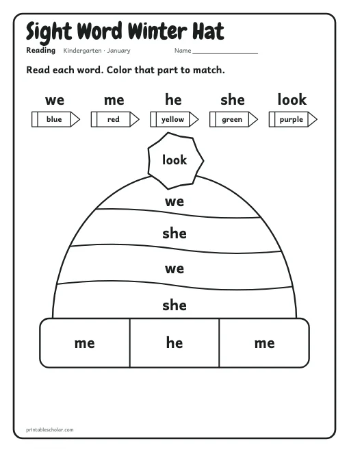 Sight Word Winter Hat: kindergarten reading worksheet preview