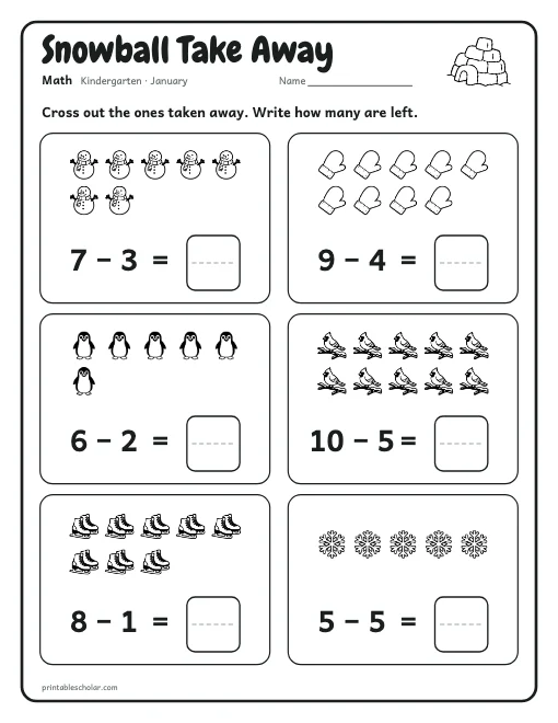 Snowball Take Away: kindergarten math worksheet preview