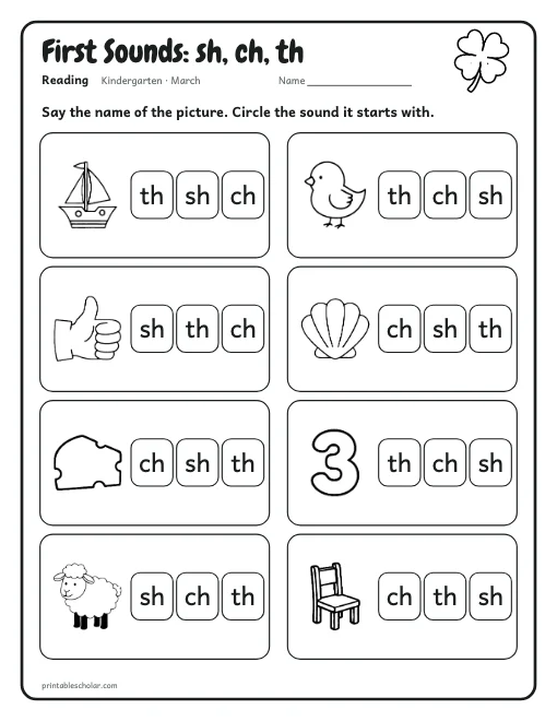 First Sounds: sh, ch, th: kindergarten reading worksheet preview