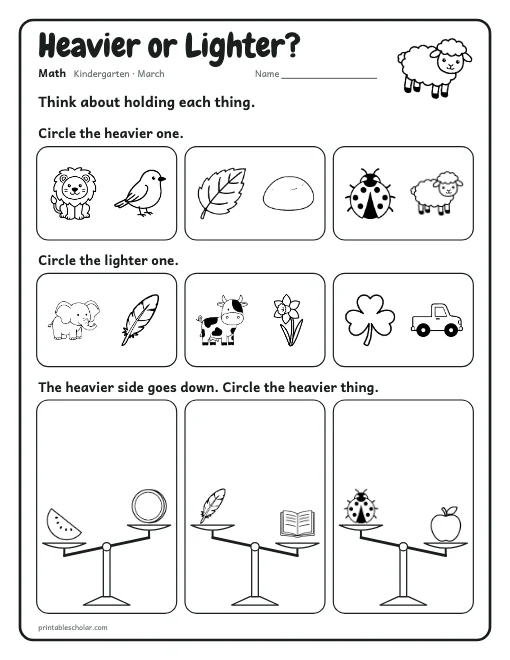 Heavier or Lighter?: kindergarten math worksheet preview