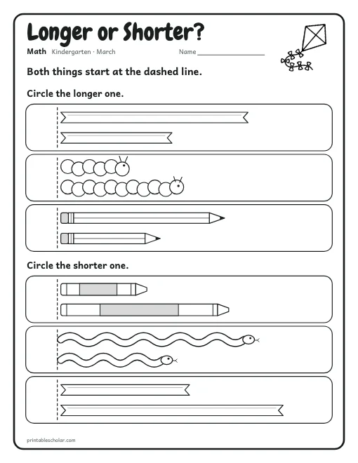 Longer or Shorter?: kindergarten math worksheet preview