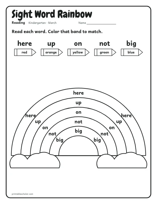 Sight Word Rainbow: kindergarten reading worksheet preview