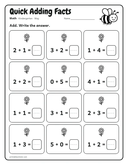 Quick Adding Facts: kindergarten math worksheet preview