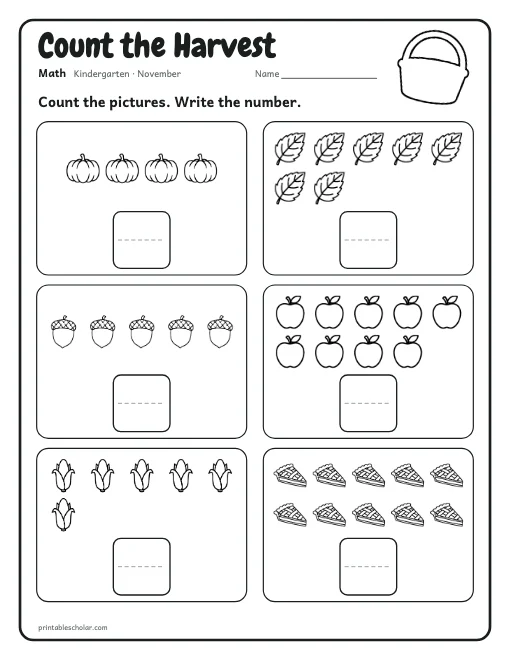 Count the Harvest: kindergarten math worksheet preview