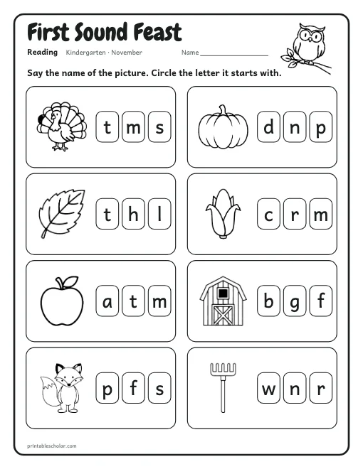 First Sound Feast: kindergarten reading worksheet preview