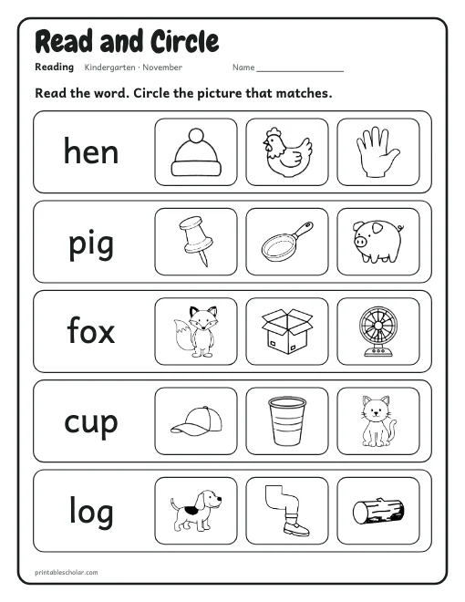 Read and Circle: kindergarten reading worksheet preview