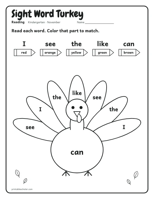 Sight Word Turkey: kindergarten reading worksheet preview