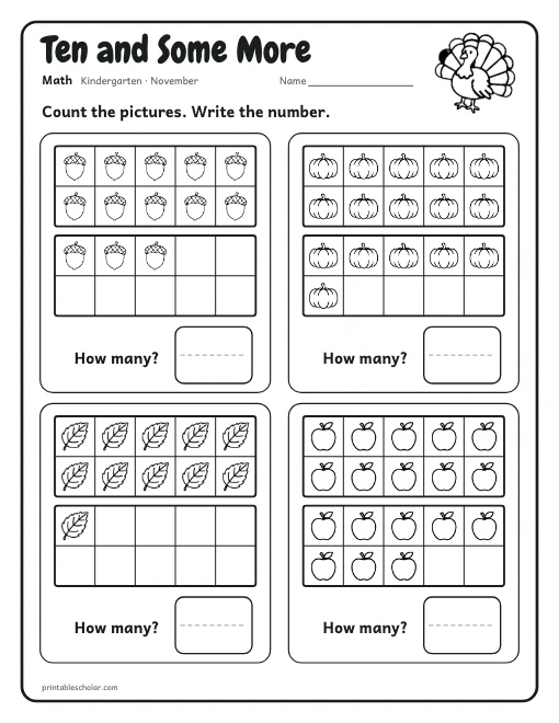 Ten and Some More: kindergarten math worksheet preview